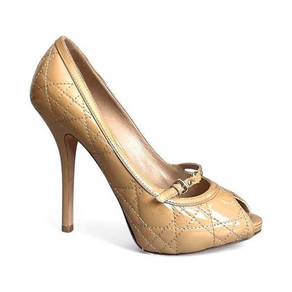 Christian Dior |Cannage Patent Leather Peep Toe Platform Pumps | Nude Heels | - Picture 3 of 14